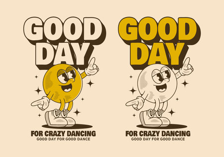 Retro ball head character illustration in dance pose, in 2 color versionのイラスト素材