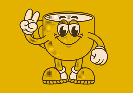 Character mascot illustration of a coffee mug with hands forming a peace symbol in retro yellow backgroundのイラスト素材