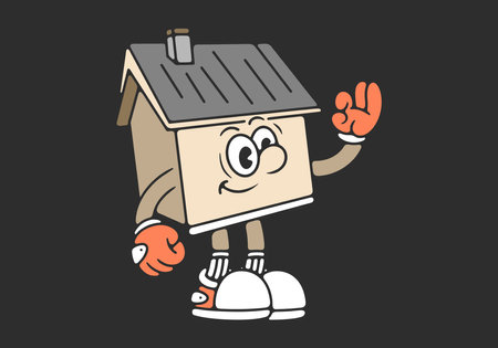 Charming illustration of a whimsical cartoon house character with arms and legs waving joyfully for a welcoming and cheery vibeのイラスト素材