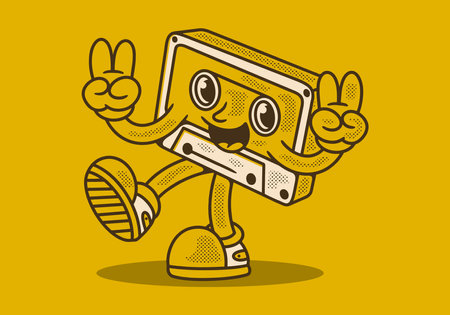 Tape cassette mascot character illustration in happy expression, hands forming peace symbol. Yellow backgroundのイラスト素材