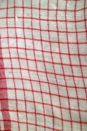 Close up of a red and white checkered fabric with a textured surface.