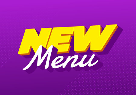 New menu. Stylish layered typography design with playful shadow depth yellow white purpleのイラスト素材