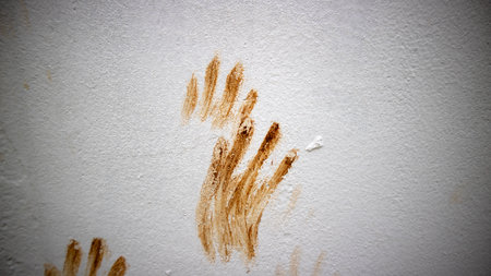 Dirty brown cat footprints streaked across rough white textured wall backgroundの写真素材