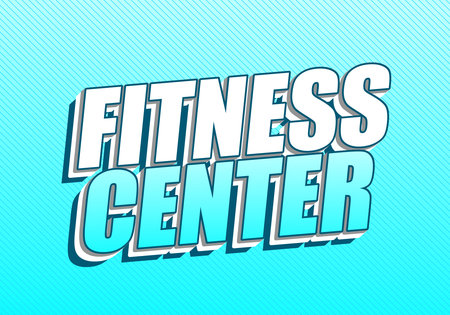 Bold 3D text reading Fitness Center on a blue gradient background.のイラスト素材