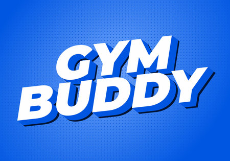 A Bold 3d white text GYM BUDDY on vibrant blue dotted gradient background, playful modern fitness...