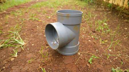 A Grey pvc pipe tee fitting lying on soil with sparse green grass outdoors, close up with shallow...