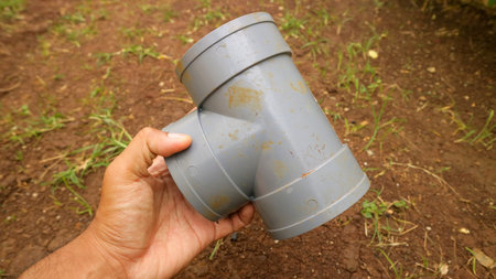 Hand holding a gray pvc tee pipe fitting outdoors on soil ground, plumbing component for drainage or...