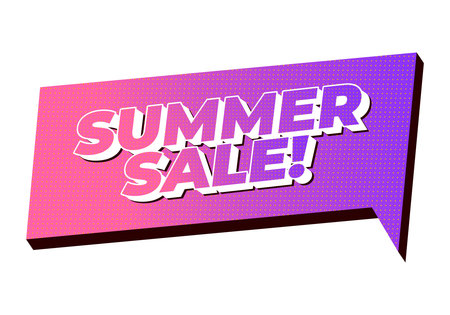 3d speech bubble banner with bold text summer sale! in white on pink to purple gradient with halftone dots, isolated on white background, promotional pop art style.