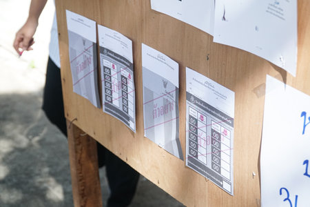 Chachoengsao, THAILAND - December 20, 2020: Sample of Ballot for Chief Executive of the PAO and Member of the PAO Council under covid-19 situation at Unit 5 Bang Phra, Mueang Chachoengsao.のeditorial素材