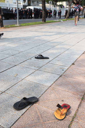 Bangkok, THAILAND - February 7, 2021: Thai Riot police take the area at front of UN Building from myanmar protesters in event against the military coup and free Aung San Suu Kyi.のeditorial素材