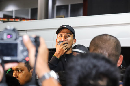 Bangkok, THAILAND - February 10, 2021: Panupong Jadnok, Protest leader talk to protesters for call to release protesters after police arrest protesters today at Pathumwan Police Station.のeditorial素材
