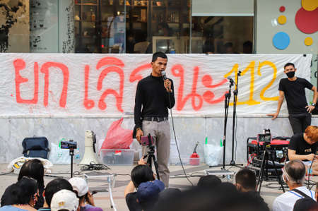 Bangkok, THAILAND - February 10, 2021: Panupong Jadnok, Protest leader talk to protesters at...