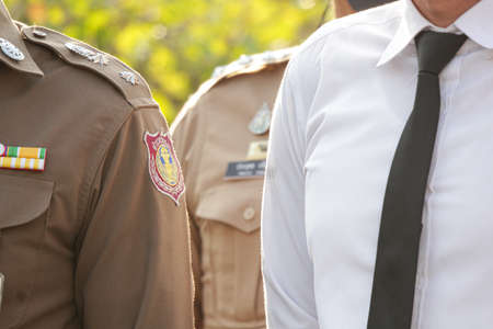 Bangkok, THAILAND - February 20, 2021: Parliamentary Police stand guard to protect Sappaya-Sapasathan from Pro-democracy protesters no-confidence motion outside the parliament.のeditorial素材