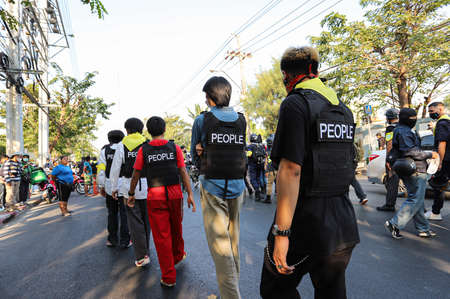 Bangkok, THAILAND - February 20, 2021: Volunteer guard move troop to area for protect the...