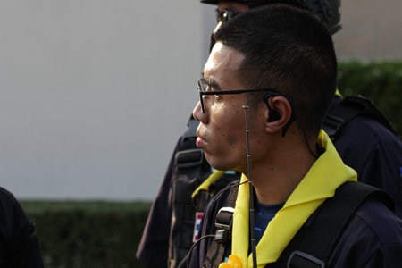 Bangkok, THAILAND - February 20, 2021: Piyarat Chongthep, Leader of "We Volunteer" control troop security for protect the Pro-democracy protest no-confidence motion outside the parliament.のeditorial素材