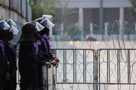 Bangkok, THAILAND - March 20, 2021: Thai Government block the Sanam Luang by containers, Razor...