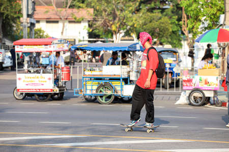 Bangkok, THAILAND - March 20, 2021: Protesters with Skateboard joined a Pro-democracy protests at Sanam Luang.のeditorial素材