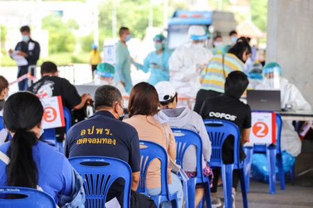 Bangkok, THAILAND - May 17, 2021: The People waiting to Nasal Swab Specimen for COVID-19 Testing by...