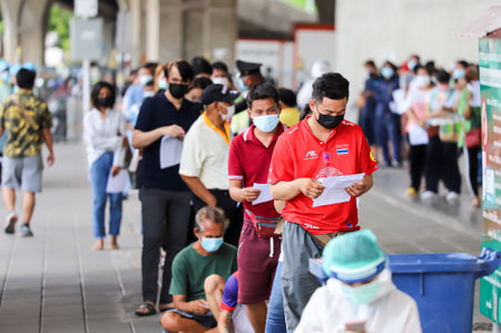 Bangkok, THAILAND - May 17, 2021: The People waiting to Nasal Swab Specimen for COVID-19 Testing by...