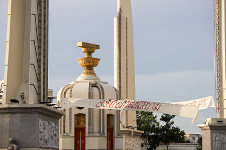 Bangkok, THAILAND - June 24, 2021: 89th anniversary of the siamese revolution, Thai text over Democracy Monument on event the memorial Siamese revolution of 1932 in the dawn.のeditorial素材