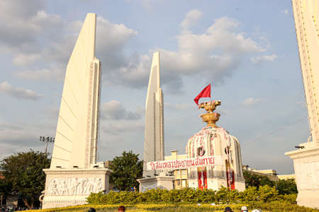 Bangkok, THAILAND - August 18, 2021: Pro-democracy protesters Thalufah gather at Democracy Monument...