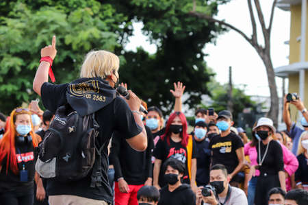 Bangkok, THAILAND - August 18, 2021: Pro-democracy protesters "Thalufah" gather at Democracy Monument for political symbolic expression and Protest government about failed Covid-19 management.のeditorial素材