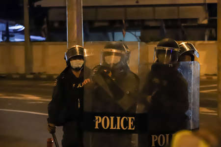 Bangkok, THAILAND - September 12, 2021: Riot police take control area after crackdown Anti-government protesters at Mit Maitri Road opposite 1st Infantry Regiment, PM Prayut house.のeditorial素材