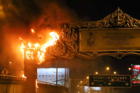 Bangkok, THAILAND - September 12, 2021: Anti-government protesters fire burned the Royal...