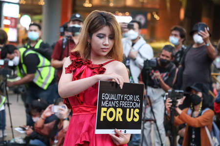Bangkok, THAILAND - November 28, 2021: Feminists liberate organizes the marriage equality events to symbolize the equality of LGBTQ people and start accepting signatures to amend the Section 1448.のeditorial素材