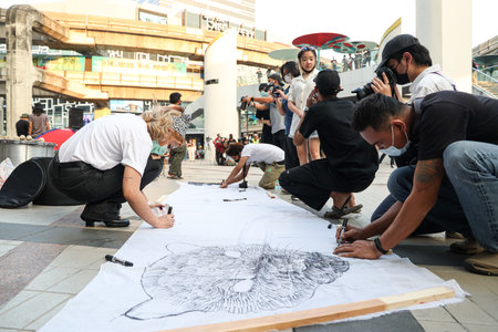 Bangkok, THAILAND - December 7, 2021: T'Challa group organizes an event on the occasion an appointment to hear the judgment of the Court on the case of black panther hunting in a Wildlife Sanctuary.のeditorial素材