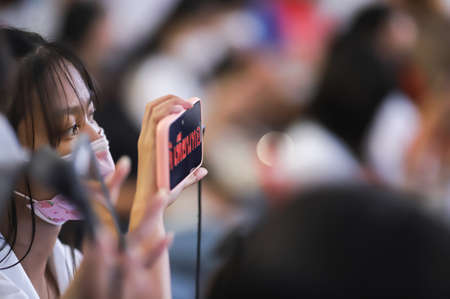 Bangkok, THAILAND - January 28, 2022: Pheu Thai Party's last campaign speech Before the by-election in Bangkokâs Constituency 9, by Surachat Thienthong at Thung Song Hong Community Housing Park.のeditorial素材