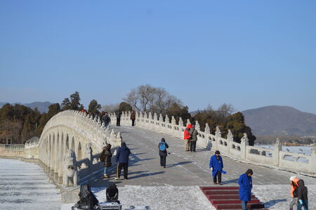 Tourist walking across a bridge in Beijing, Chinaのeditorial素材