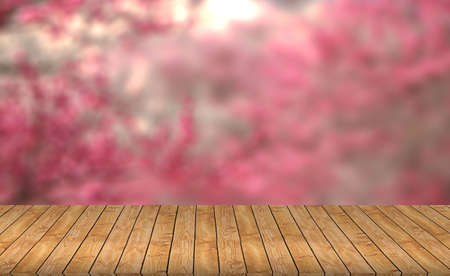 Wood table top on blurred red background - can be used for montage or display your productsの写真素材