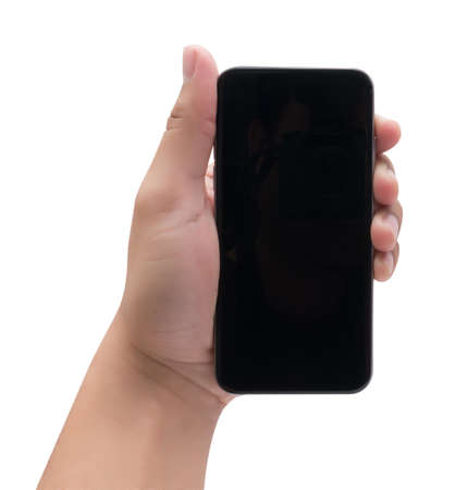 Isolated  hand holding a phone with white screenの写真素材
