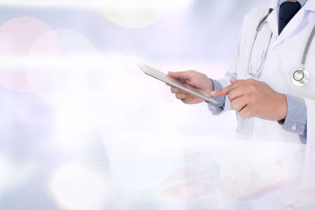 double exposure of success smart medical doctor working with abstract blurry bokeh background as...