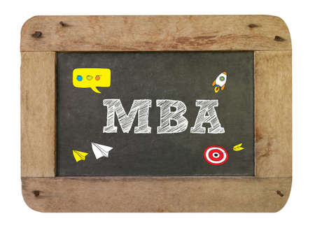 vintage blackboard with wooden frame isolated on white background. chalkboard with Talking Communication MBA Conceptの写真素材
