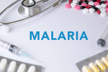 MALARIA  CONCEPT Medical Medication Text, On Background of Medicaments Composition, Stethoscope, mix therapy drugs doctor flu antibiotic pharmacy medicine medicalの写真素材