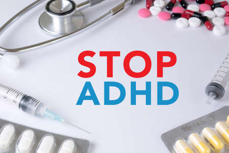 STOP ADHD Text, On Background of Medicaments Composition, Stethoscope, mix therapy drugs doctor flu antibiotic pharmacy medicine medicalの写真素材