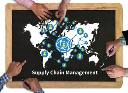 Supply Chain Management concept  vintage blackboard with wooden frame on white background.