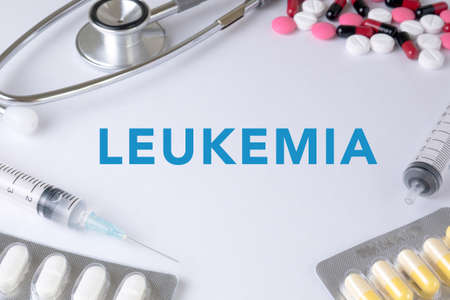 LEUKEMIA CONCEPT  Text, On Background of Medicaments Composition, Stethoscope, mix therapy drugs doctor flu antibiotic pharmacy medicine medicalの写真素材