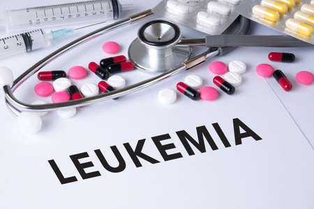 LEUKEMIA CONCEPT Background of Medicaments Composition, Stethoscope, mix therapy drugs doctor flu antibiotic pharmacy medicine medicalの写真素材