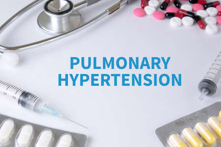 PULMONARY HYPERTENSION Text, On Background of Medicaments Composition, Stethoscope, mix therapy drugs doctor flu antibiotic pharmacy medicine medicalの写真素材