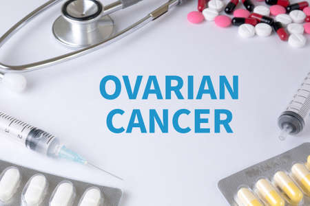 OVARIAN CANCER CONCEPT Text, On Background of Medicaments Composition, Stethoscope, mix therapy drugs doctor flu antibiotic pharmacy medicine medicalの写真素材