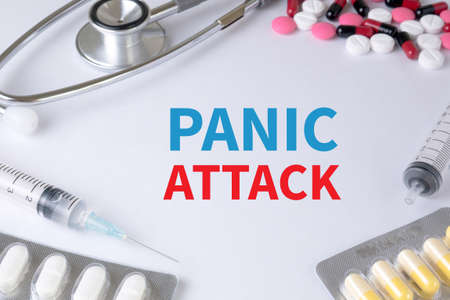 PANIC ATTACK Text, On Background of Medicaments Composition, Stethoscope, mix therapy drugs doctor flu antibiotic pharmacy medicine medicalの写真素材