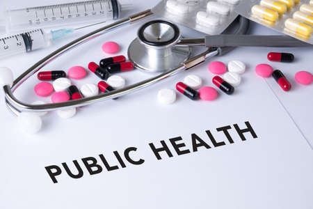 PUBLIC HEALTH CONCEPT    Background of Medicaments Composition, Stethoscope, mix therapy drugs doctor flu antibiotic pharmacy medicine medicalの写真素材