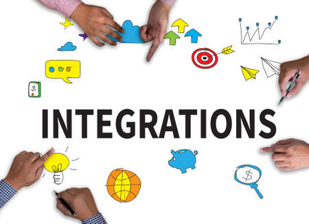 INTEGRATIONS vintage blackboard with wooden frame on white background.の写真素材