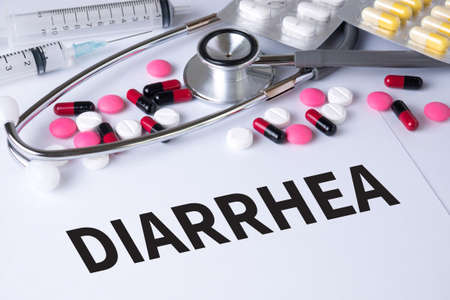 DIARRHEA Background of Medicaments Composition, Stethoscope, mix therapy drugs doctor flu antibiotic pharmacy medicine medicalの写真素材