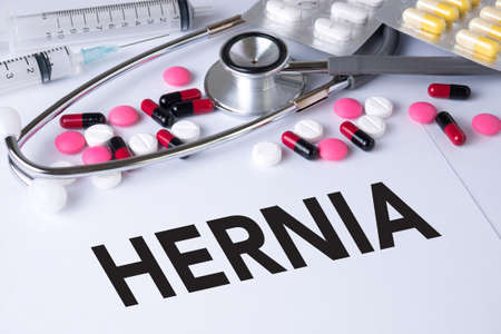 HERNIA Background of Medicaments Composition, Stethoscope, mix therapy drugs doctor flu antibiotic pharmacy medicine medicalの写真素材