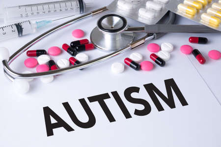 AUTISM CONCEPT Background of Medicaments Composition, Stethoscope, mix therapy drugs doctor flu antibiotic pharmacy medicine medicalの写真素材