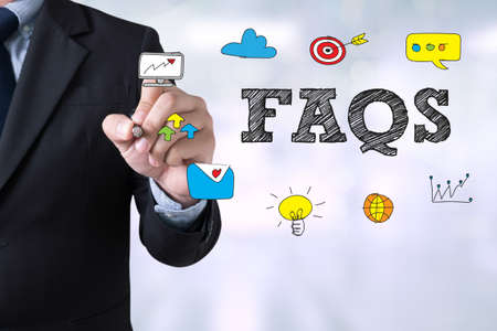 Frequently Asked Questions Faq Feedback  Concept Businessman drawing Landing Page on blurred abstract backgroundの写真素材